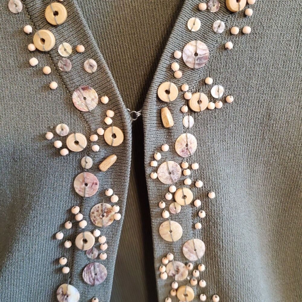 Chico's Olive Green Open Front Beaded Cardigan Size 3 US XL Boho Artsy Office - Picture 4 of 11